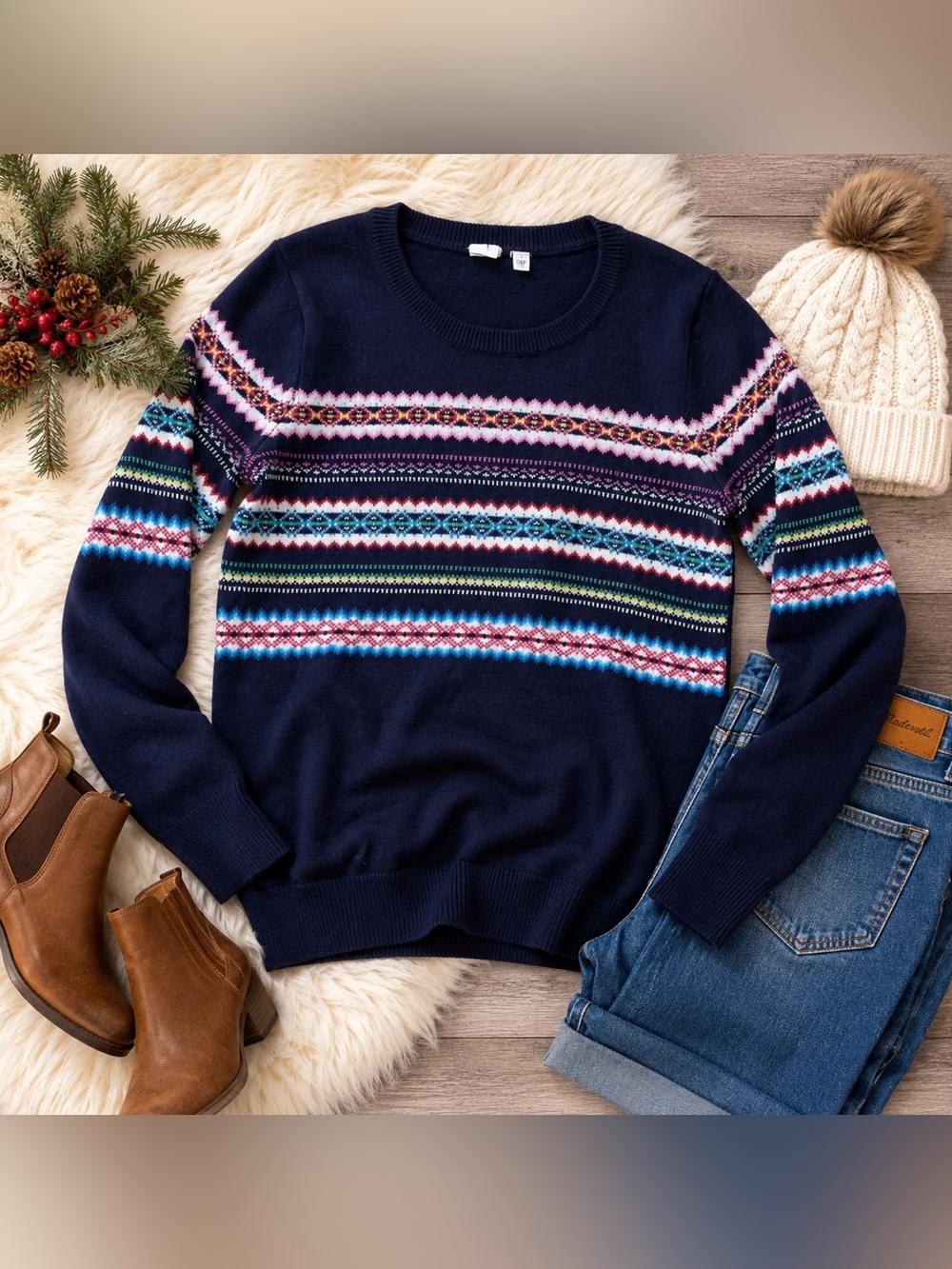 GAP Navy Fair Isle Crewneck Sweater Women’s Small Cozy Winter Nordic Knit